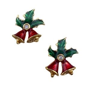 Avon Vintage Christmas Holly Bells Enamel Gold Tone Rhinestone Stud Earrings